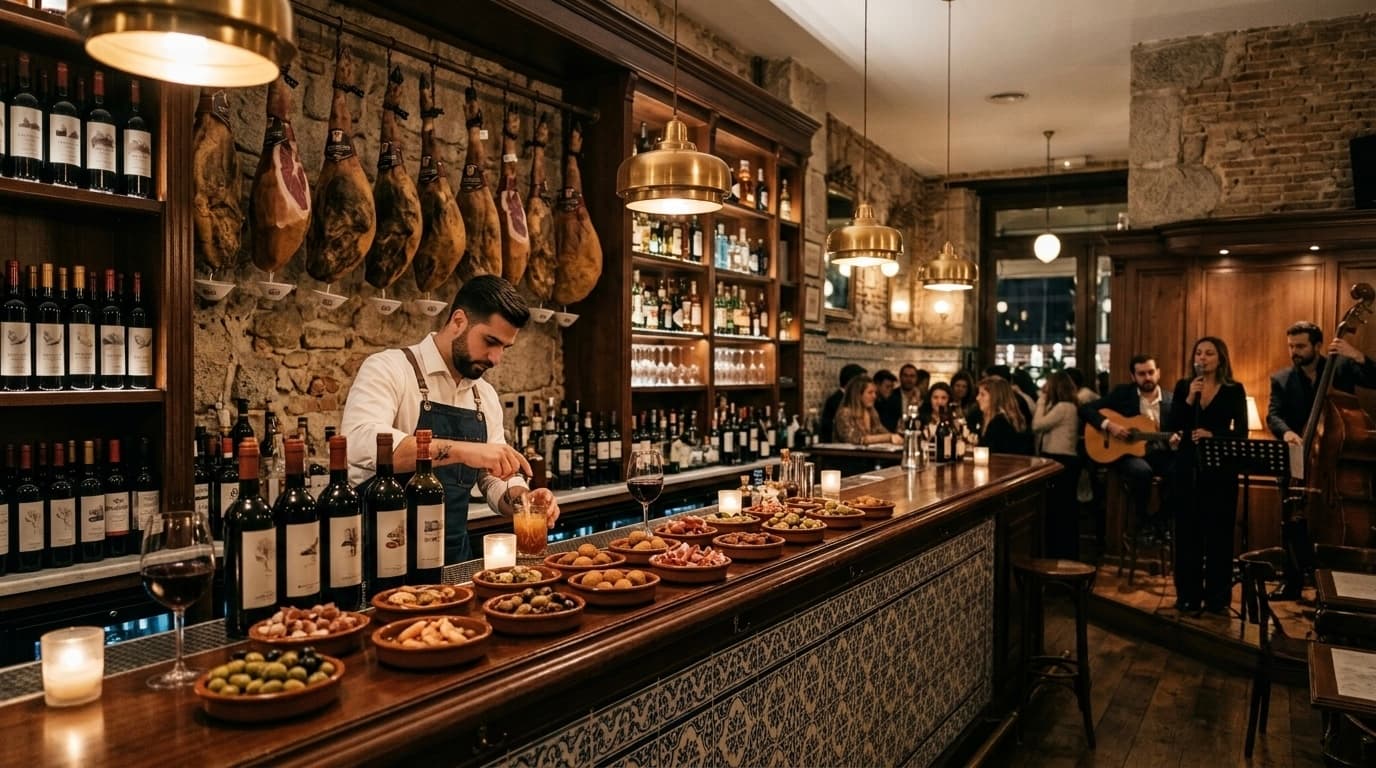 Le comptoir de Tapas, jambons suspendus et cassolettes de tapas alignées