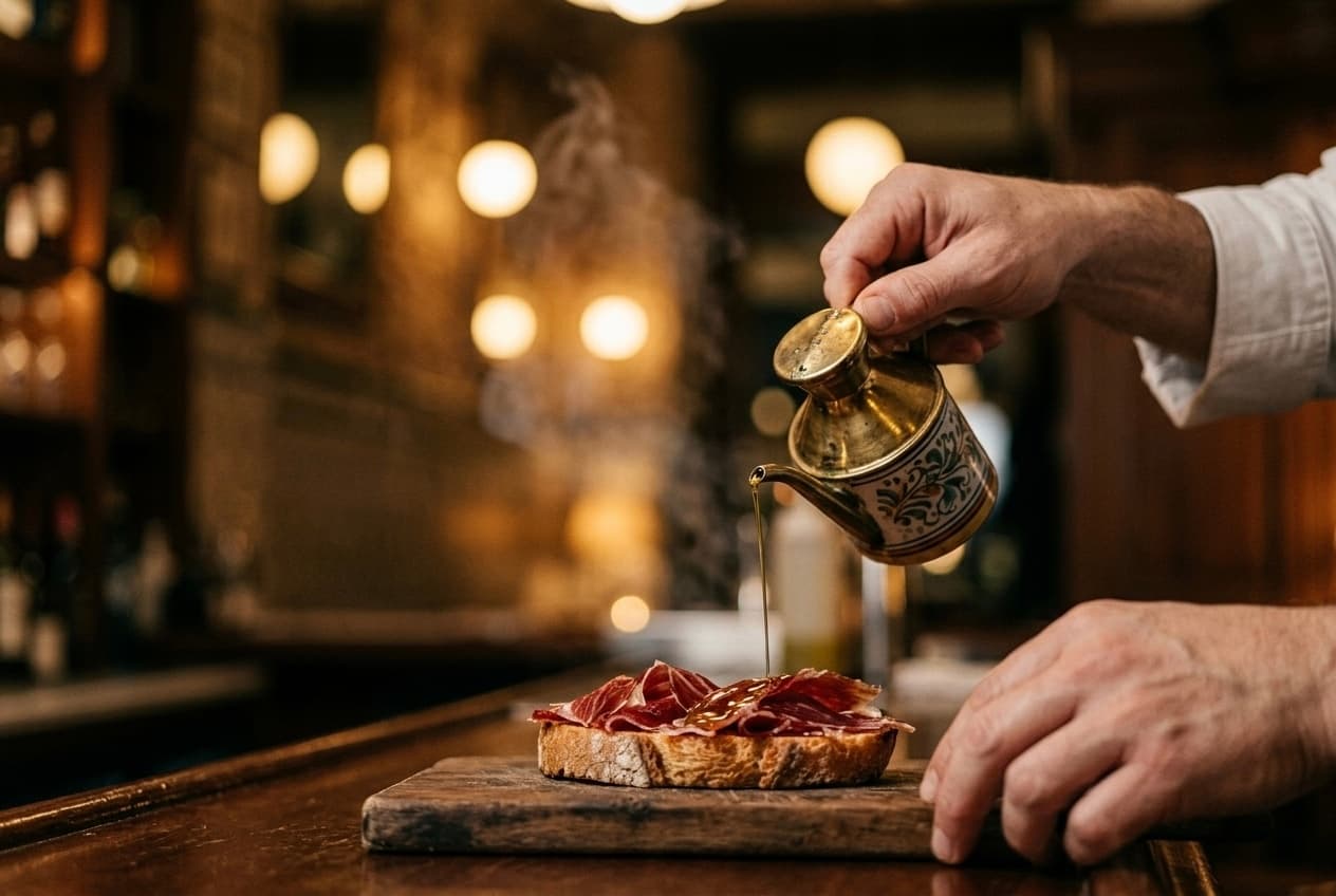 Un filet d'huile d'olive versé sur une tostada au jambon ibérique