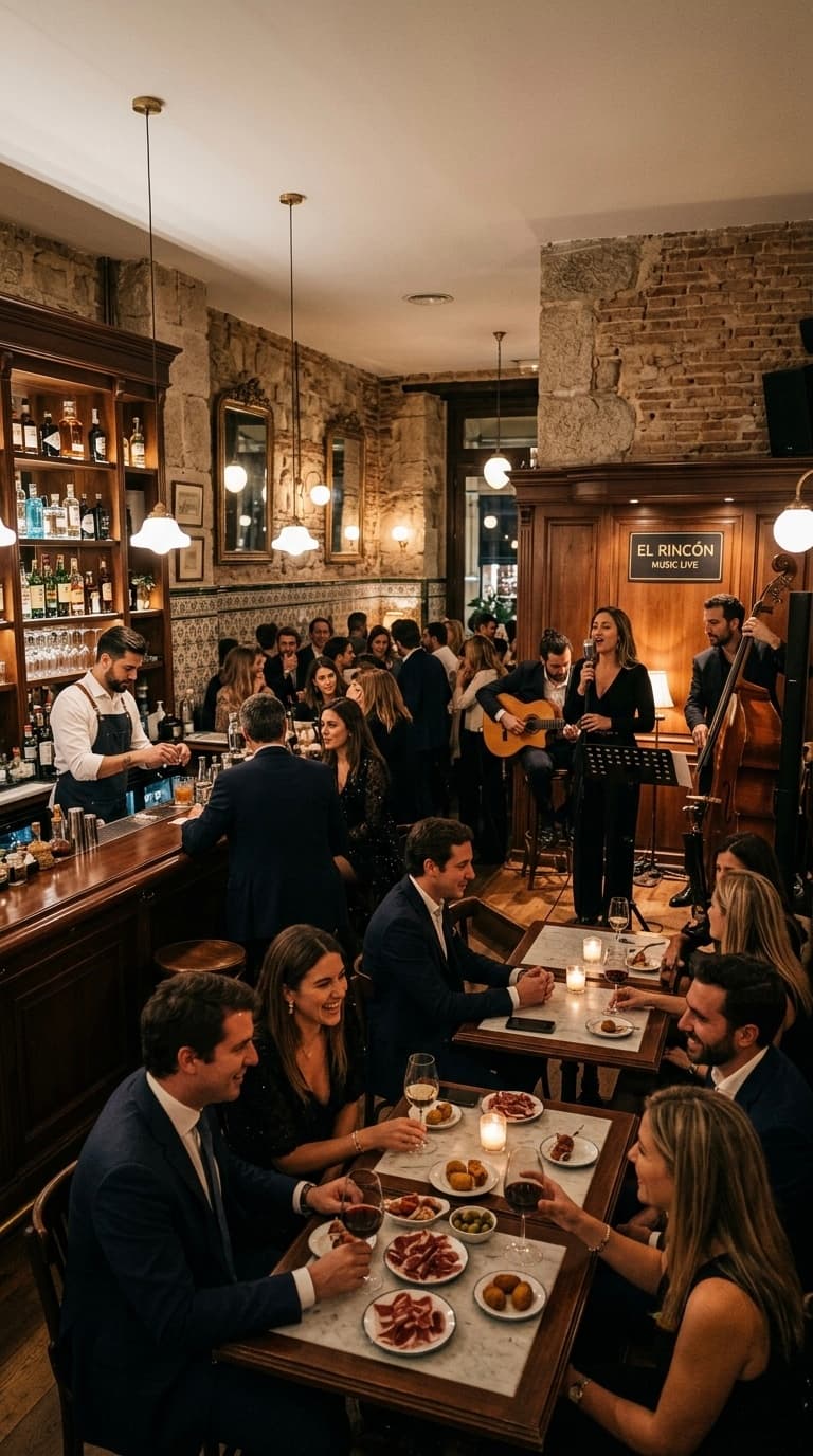 La salle de Tapas un soir de concert, murs de pierre et azulejos, groupe en live