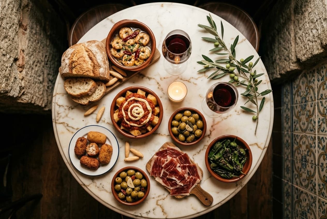 Une tablée de tapas vue de dessus : gambas, patatas bravas, olives, jambon